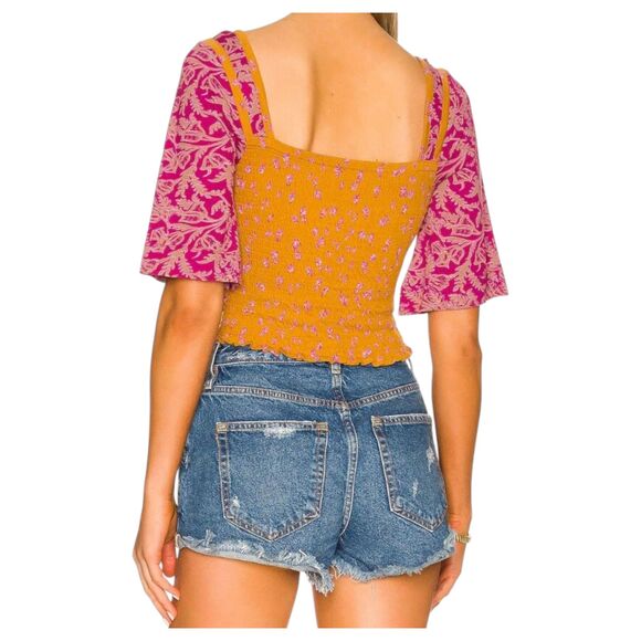Free People Marigold Smocked Square Neck Golden Combo Size Large - Picture 7 of 8